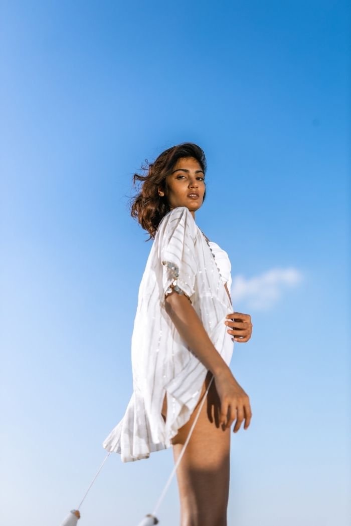 Pranutan Bahl in our  Cloud Commuter White  Cover up