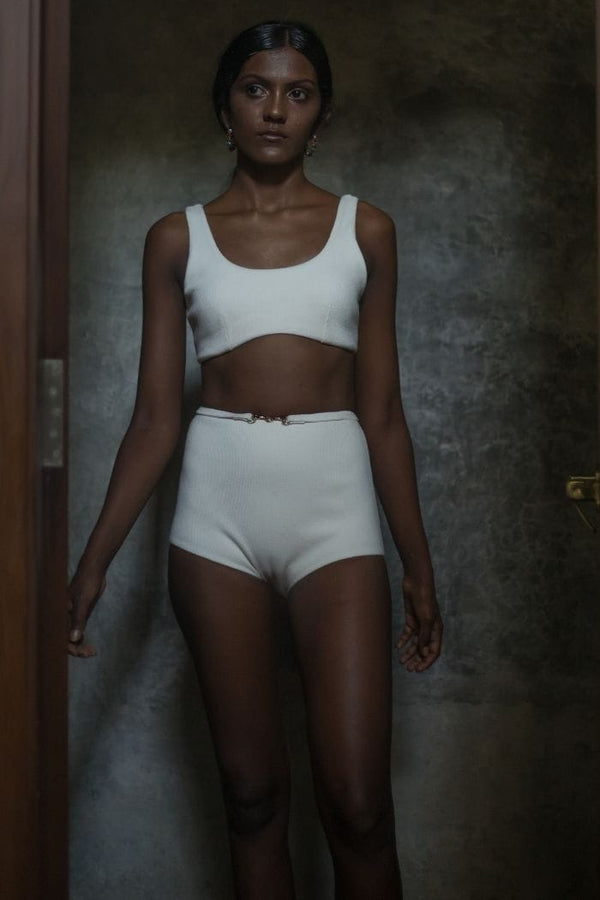Janhvi Kapoor in our White Bougainville ribbed bikini set (Boy Legs)