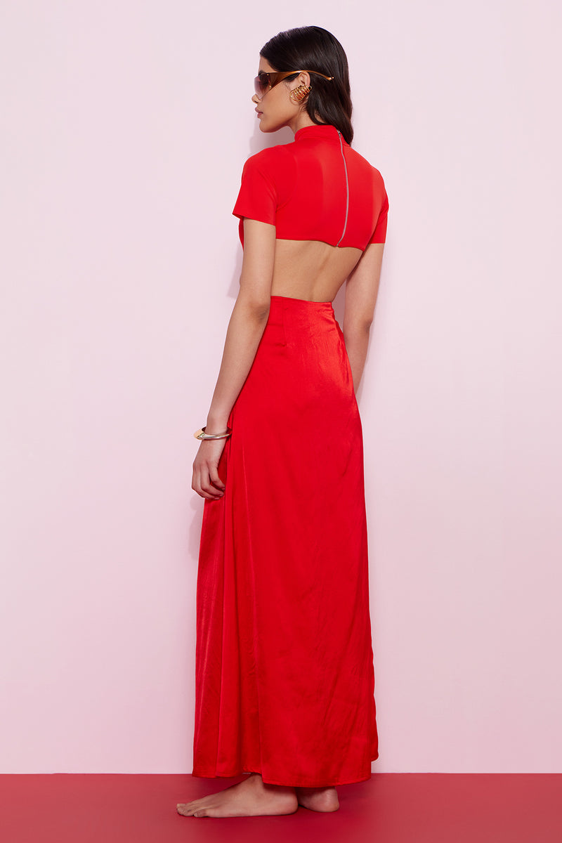 Layer in red satin skirt
