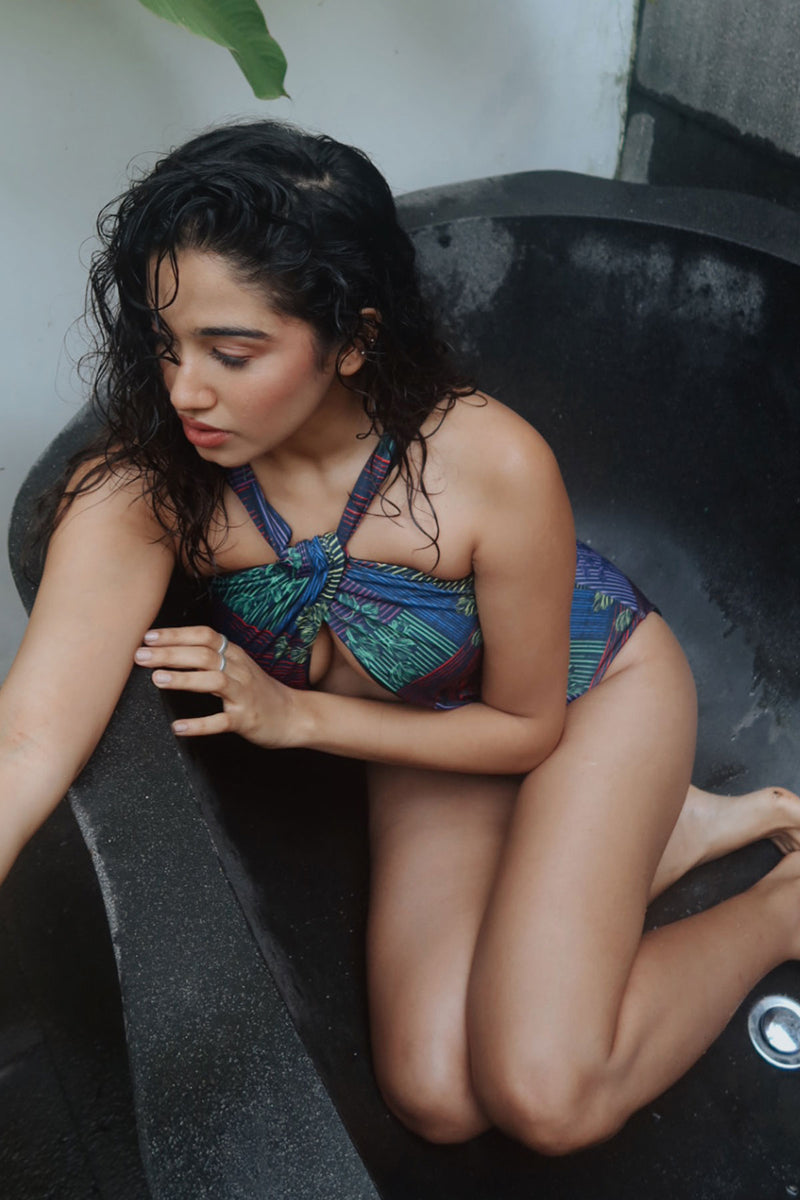 Anmol Dua In Techno stripes swimsuit