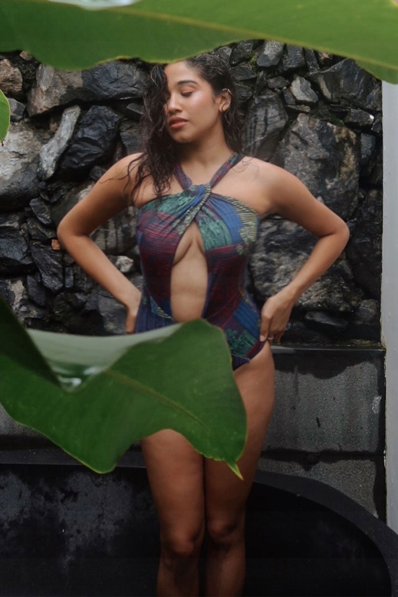Anmol Dua In Techno stripes swimsuit