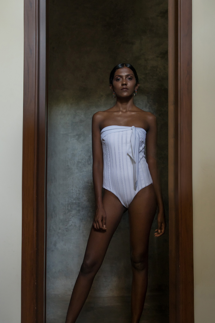 Kriti Sanon in our  White Bougainville textured tube swimsuit
