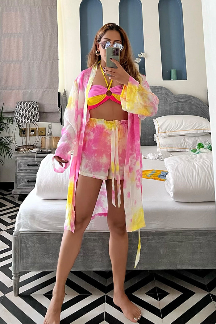 Bubblegum tie and dye duster and shorts