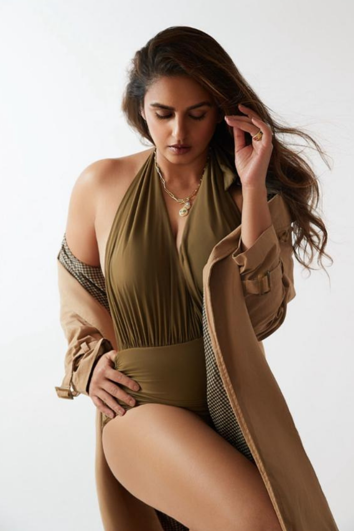 Huma Qureshi in our Spanish olive ruched swim suit